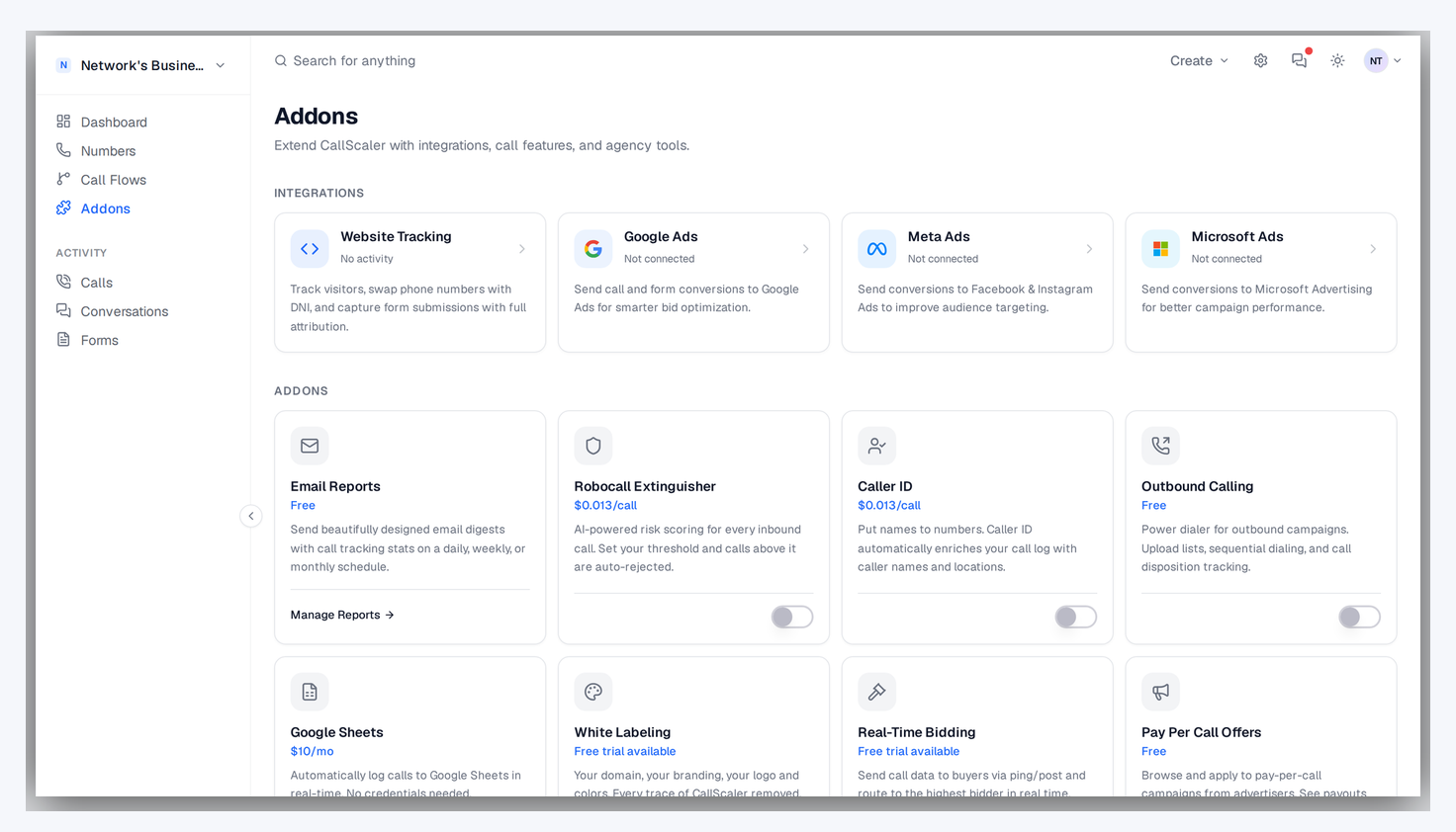 Integrations row on the Addons page with Meta Ads card ready for per-business CAPI connection