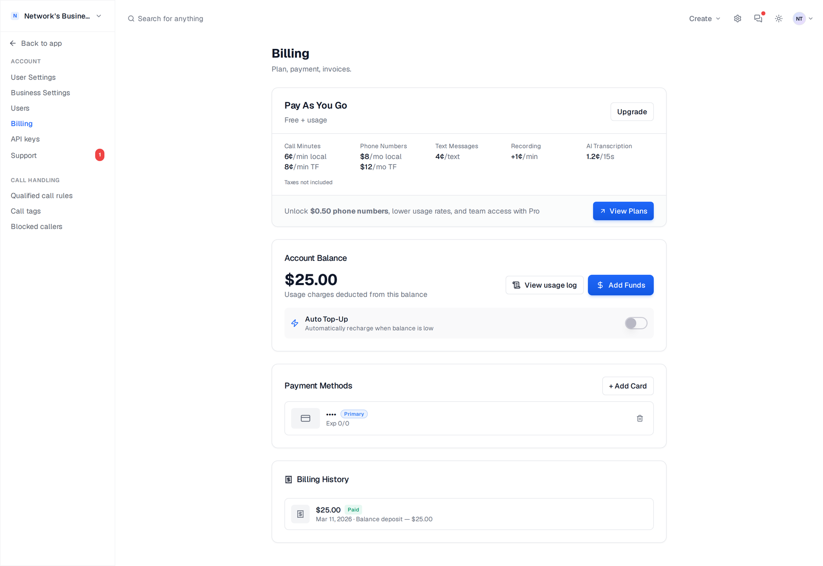 The Billing page in CallScaler showing the current plan card, account balance with Add Funds button, the Auto Top-Up controls, and the saved payment cards section with Primary and Backup labels.