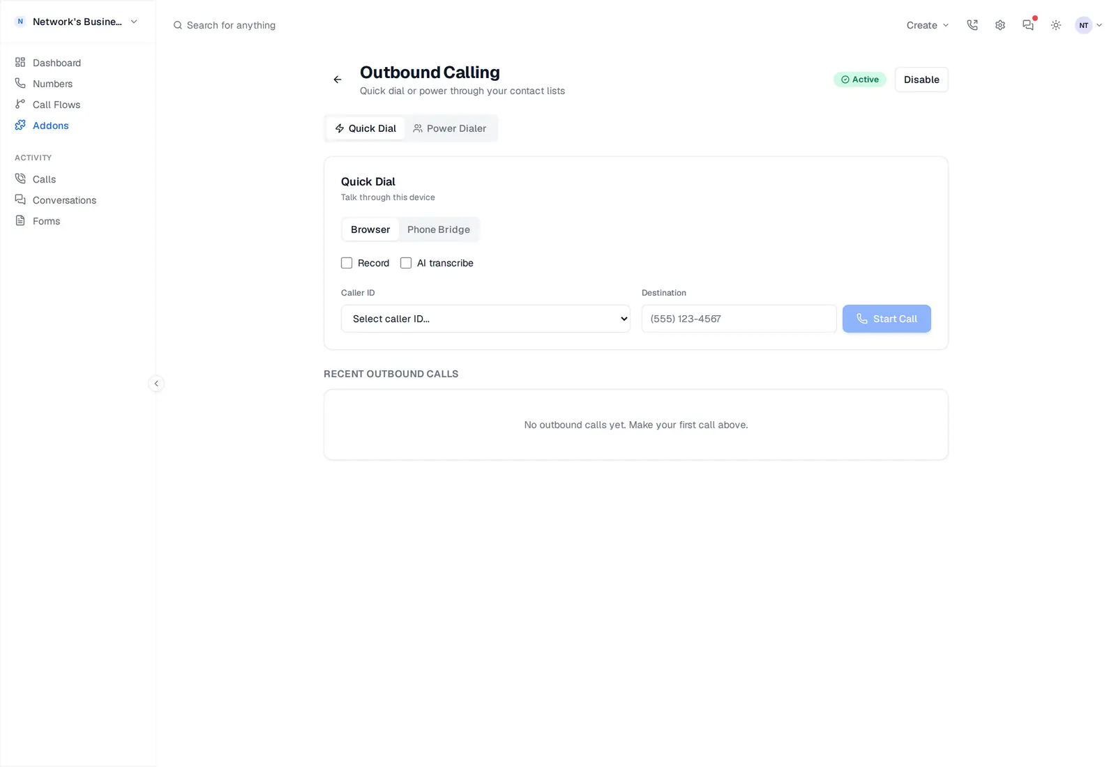 Quick Dial card with the Browser mode pill, Phone Bridge pill, and Record and AI transcribe checkboxes spotlighted. Browser is selected by default.