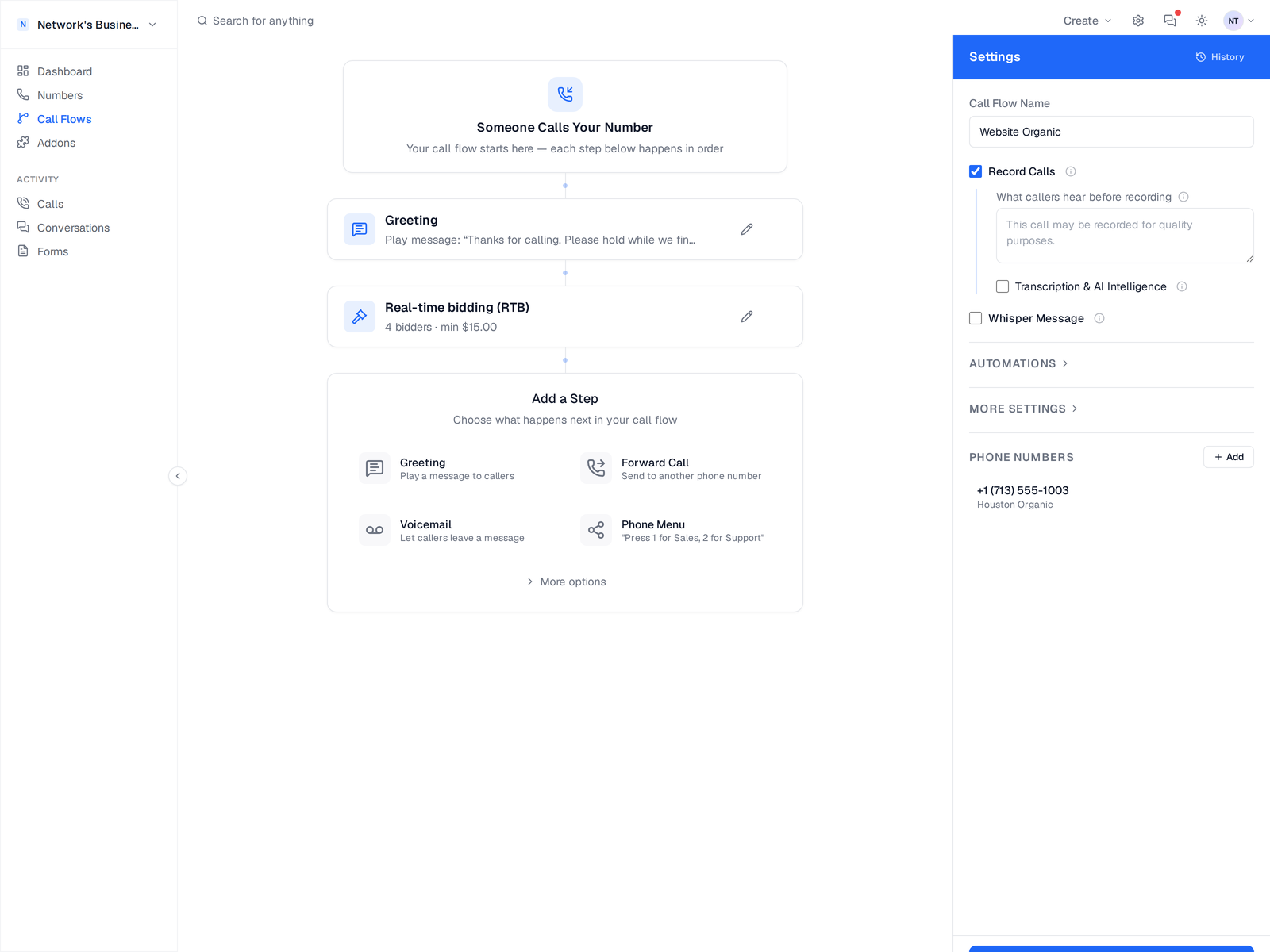Visual call flow editor with the entry node, step list, and Add a Step picker