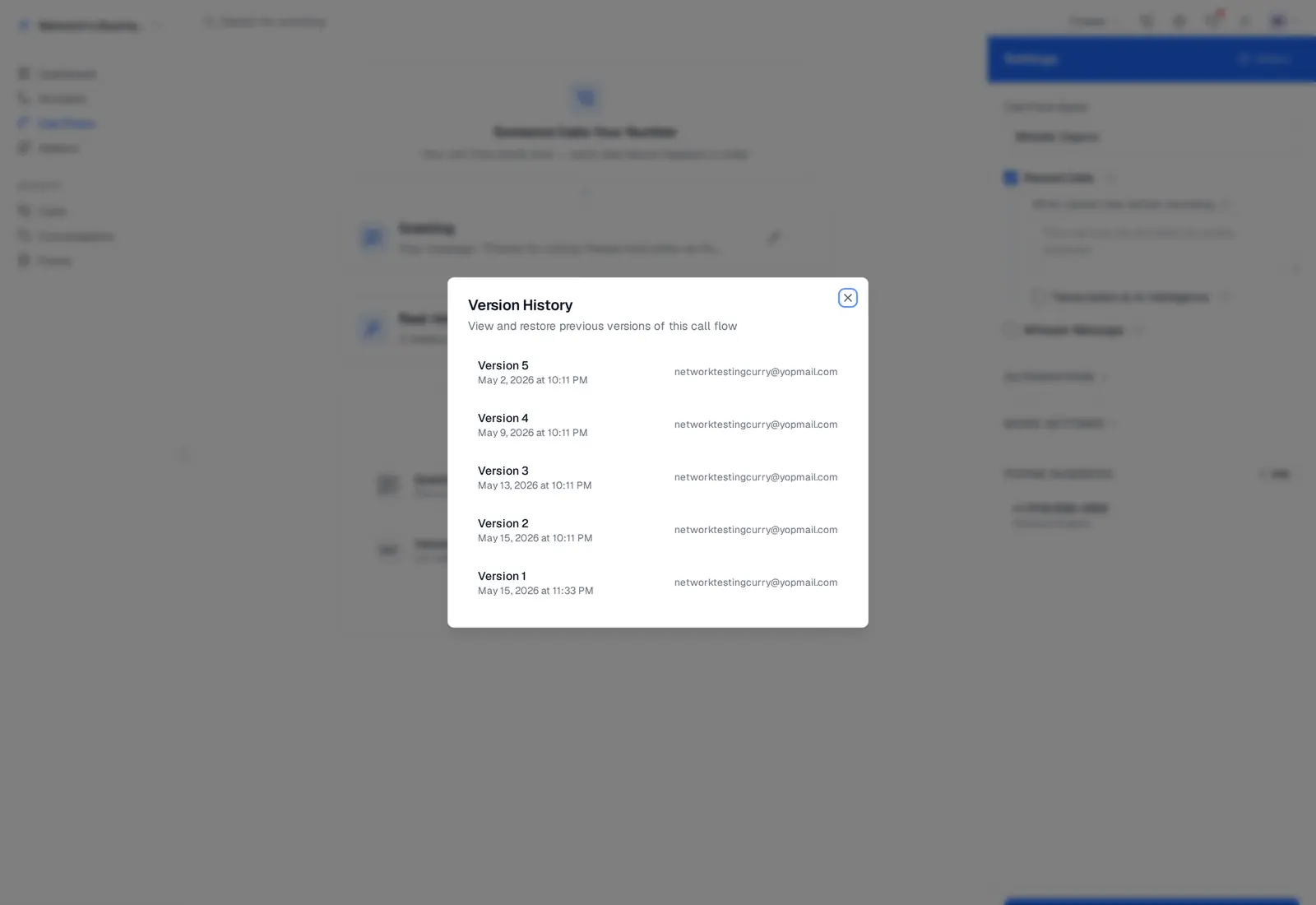 Call flow History panel listing prior versions with restore controls