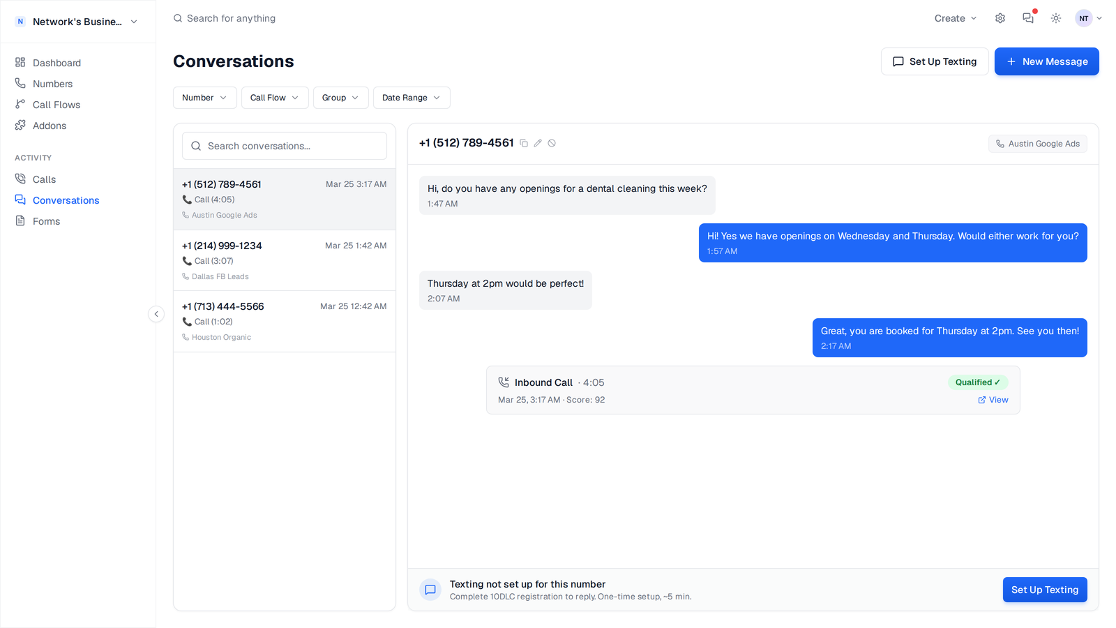 The Conversations page in CallScaler with a thread list on the left (each row showing contact number, last message snippet, and timestamp) and the selected thread's full SMS + call timeline on the right.