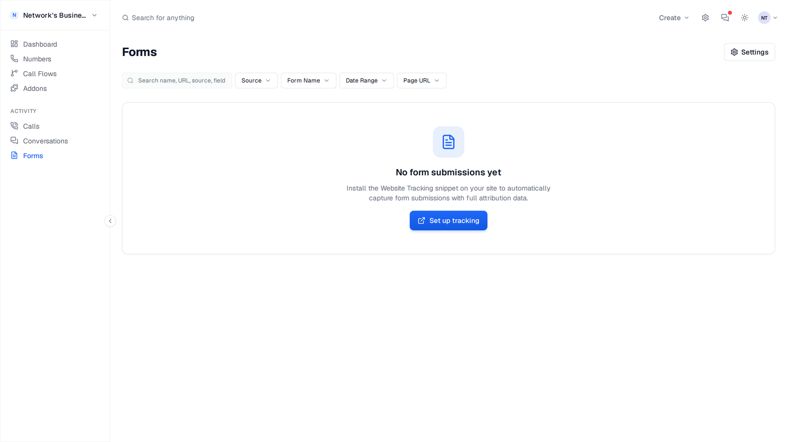 The Forms page in CallScaler showing the search and filter toolbar (Source, Form Name, Date Range, Page URL) above an empty state that explains the Website Tracking snippet is required to capture submissions.