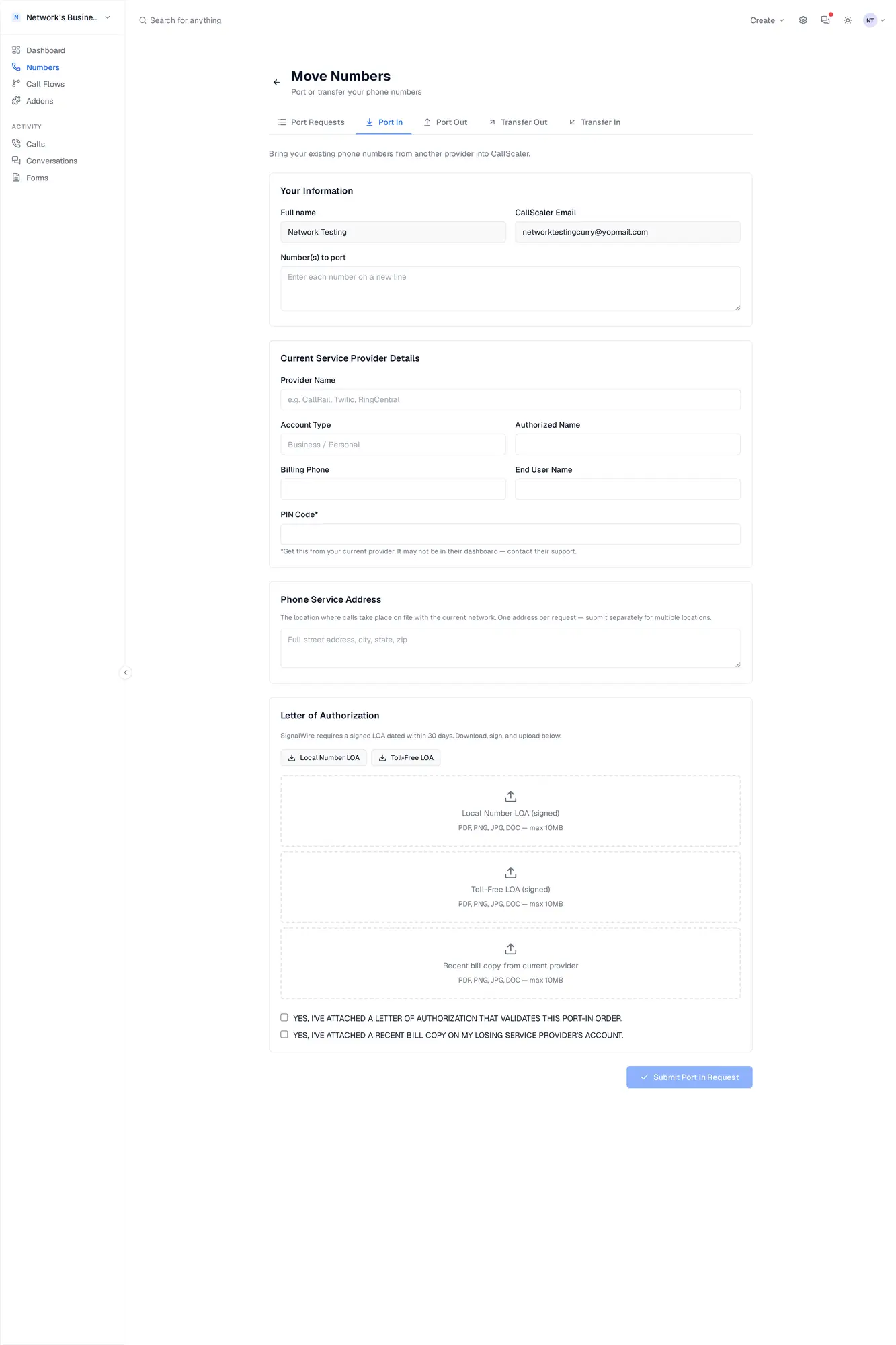 Port In tab with Letter of Authorization download, file upload drop zones, and confirmation checkboxes