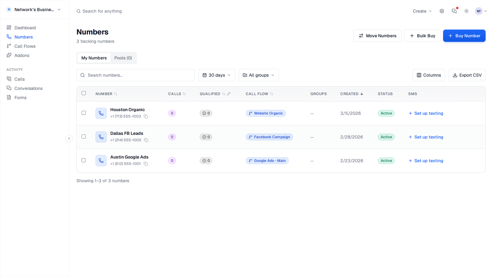 The Numbers page showing tracking numbers with their call flow, calls, qualified, status, and SMS columns, plus Move Numbers / Bulk Buy / Buy Number actions in the top right and a My Numbers / Pools tab switcher below the title.