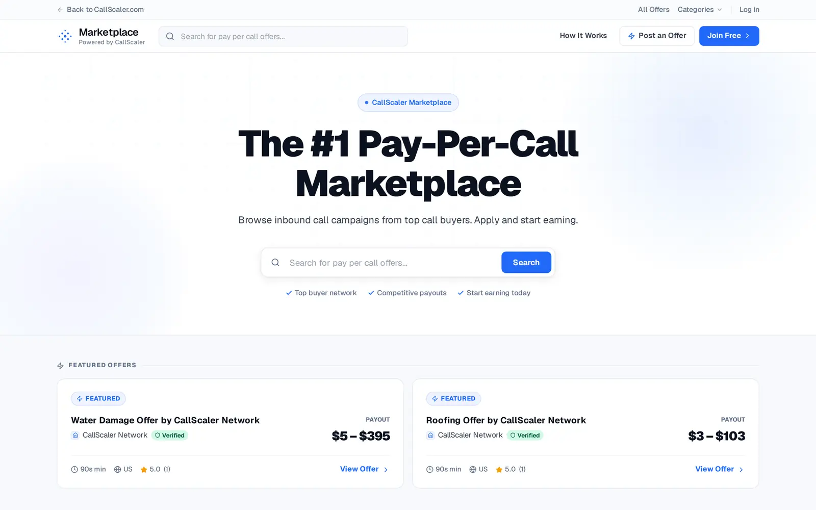 Public pay-per-call marketplace with a featured offer showing payout range, minimum duration, and Verified badge