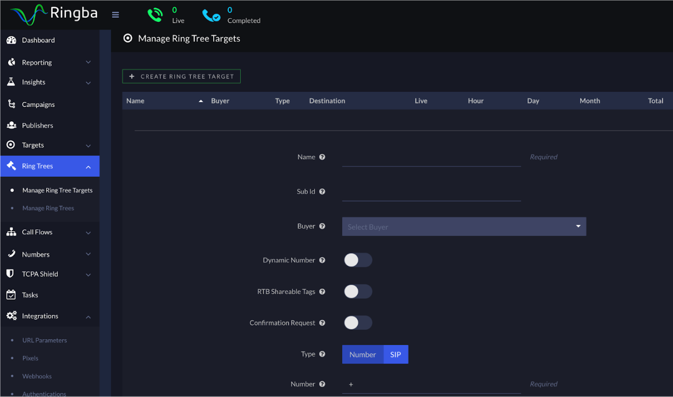 Ringba's Create Ring Tree Target form with Name, Buyer, Dynamic Number, RTB Shareable Tags and Confirmation Request fields.