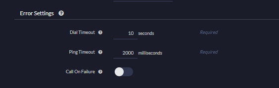 Ringba's Error Settings with Dial Timeout in seconds and Ping Timeout in milliseconds.