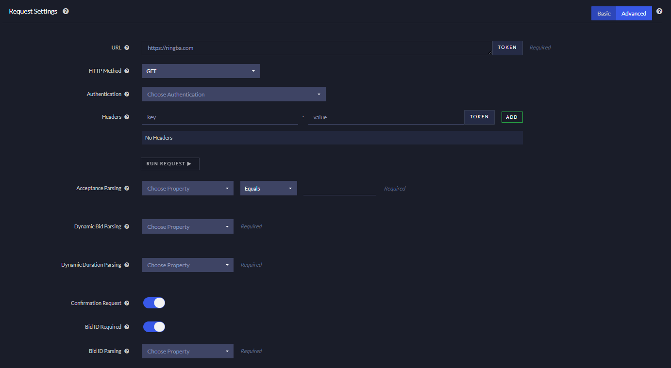 Ringba's Request Settings panel in Advanced mode with URL, HTTP Method, Headers, Run Request, and the Acceptance, Dynamic Bid and Dynamic Duration Parsing fields.