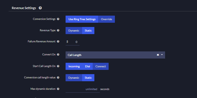 Ringba Revenue Settings with Conversion Settings on Override, Revenue Type Dynamic, and Convert On set to Call Length.