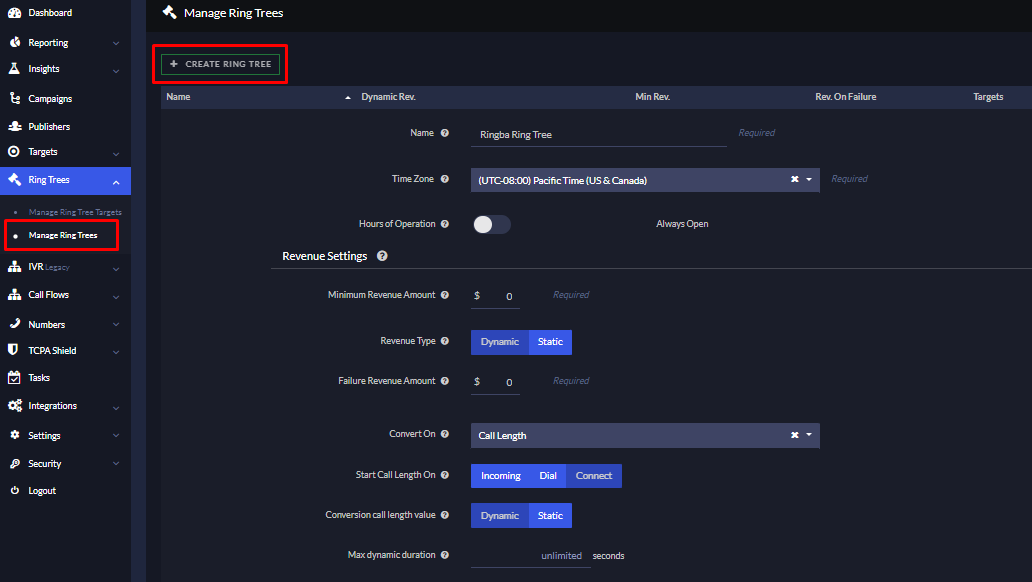 Ringba's Create Ring Tree form with Name, Time Zone, Hours of Operation and Revenue Settings.