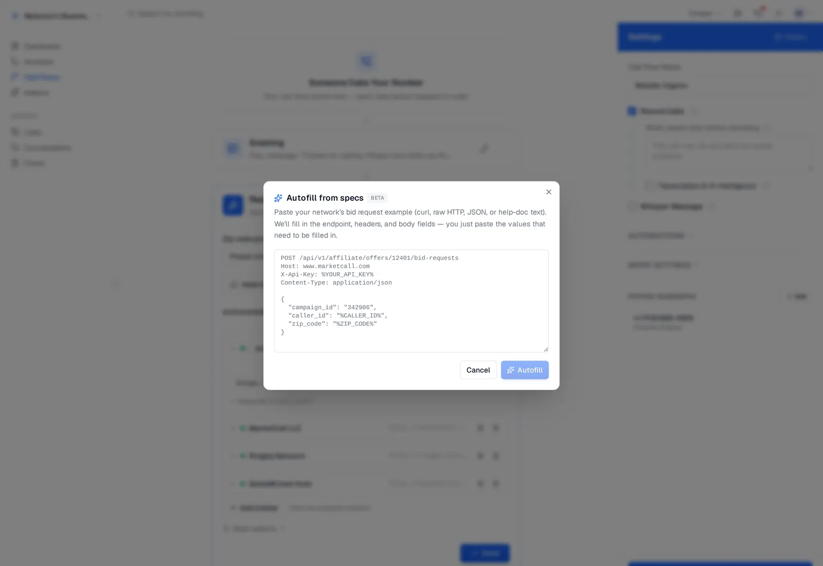 The AI autofill modal showing a MarketCall bid request spec pasted into a textarea, ready to be parsed by the Autofill button.