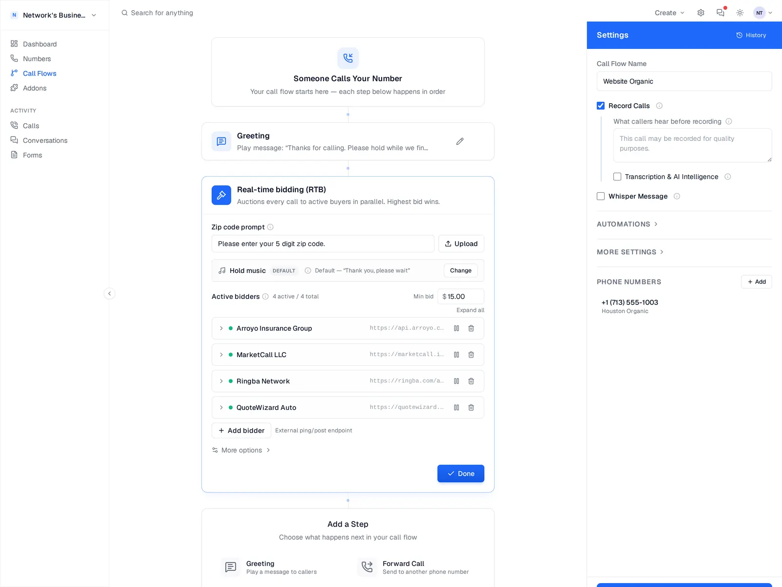 The expanded Real-Time Bidding step in the call flow editor with four active bidders, minimum bid of $15.00, and a zip code prompt configured.