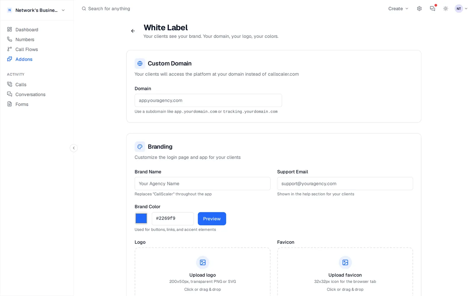 White Label addon page zoomed into the Custom Domain card, with the Domain input prefilled with app.youragency.com and a helper hint about using a subdomain like app.yourdomain.com or tracking.yourdomain.com.