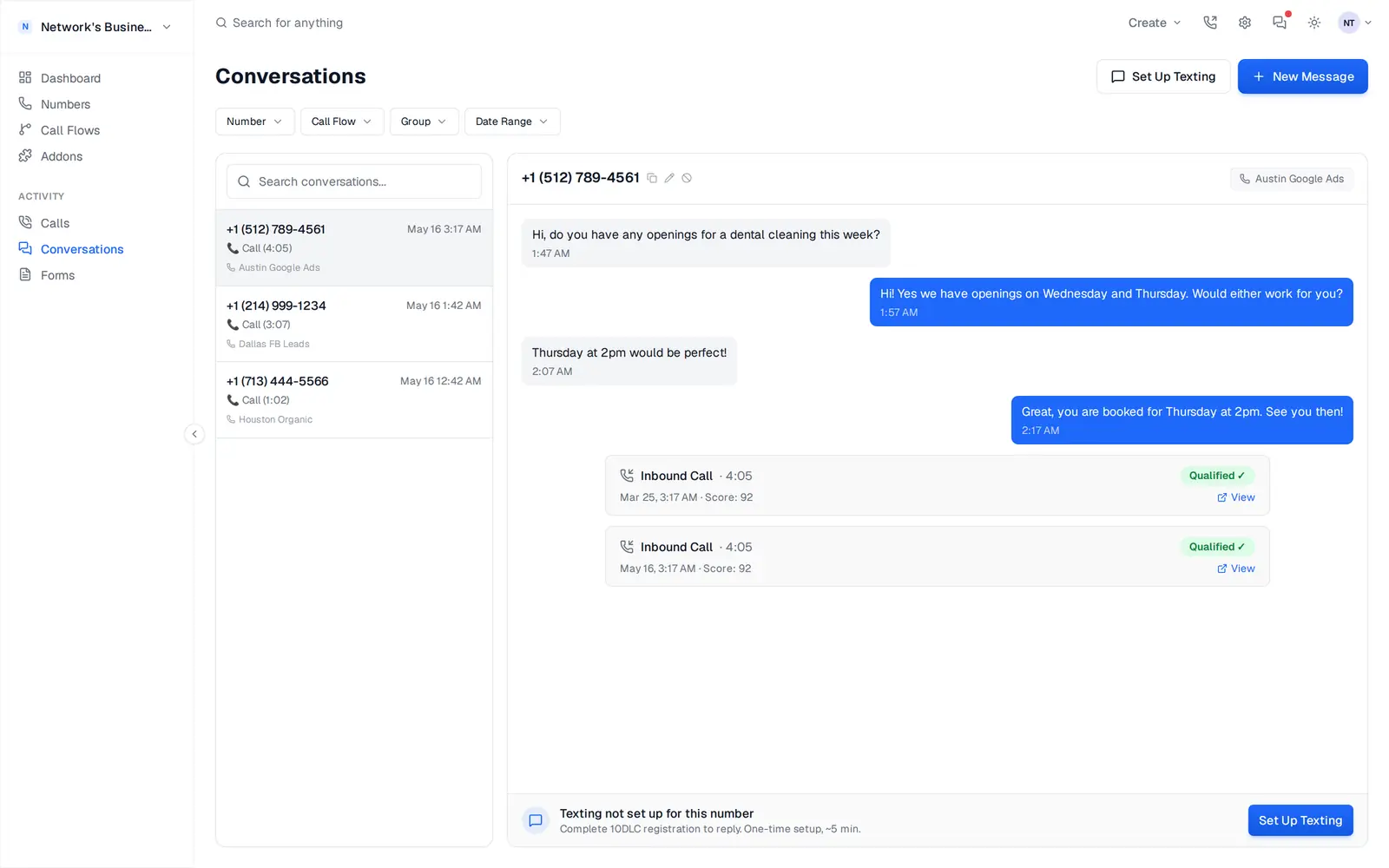 SMS conversation view where you can reply by text to a number that just left a voicemail