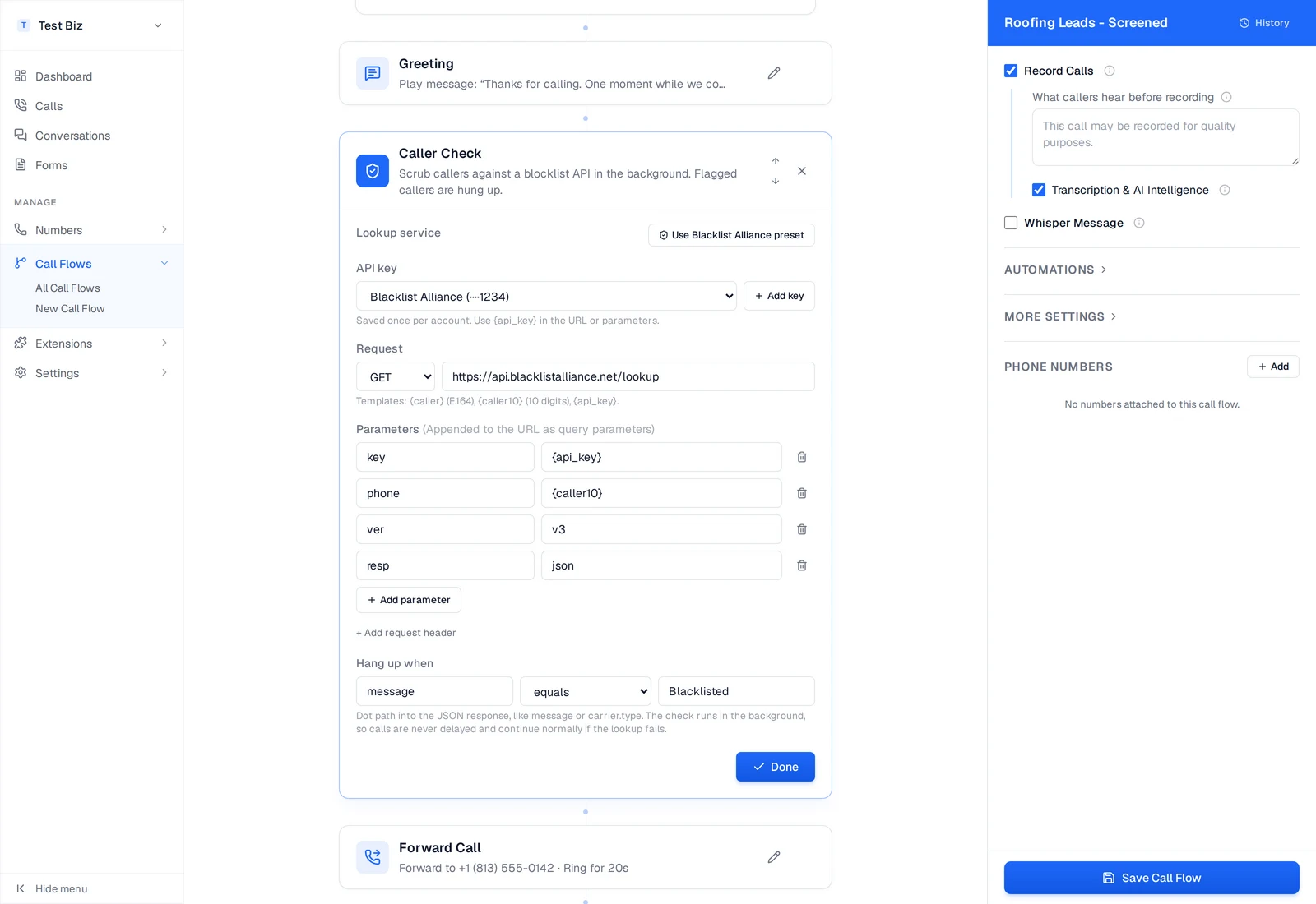 Caller Check step open in the CallScaler call flow editor with the Blacklist Alliance preset, saved API key, lookup parameters, and the hang-up rule