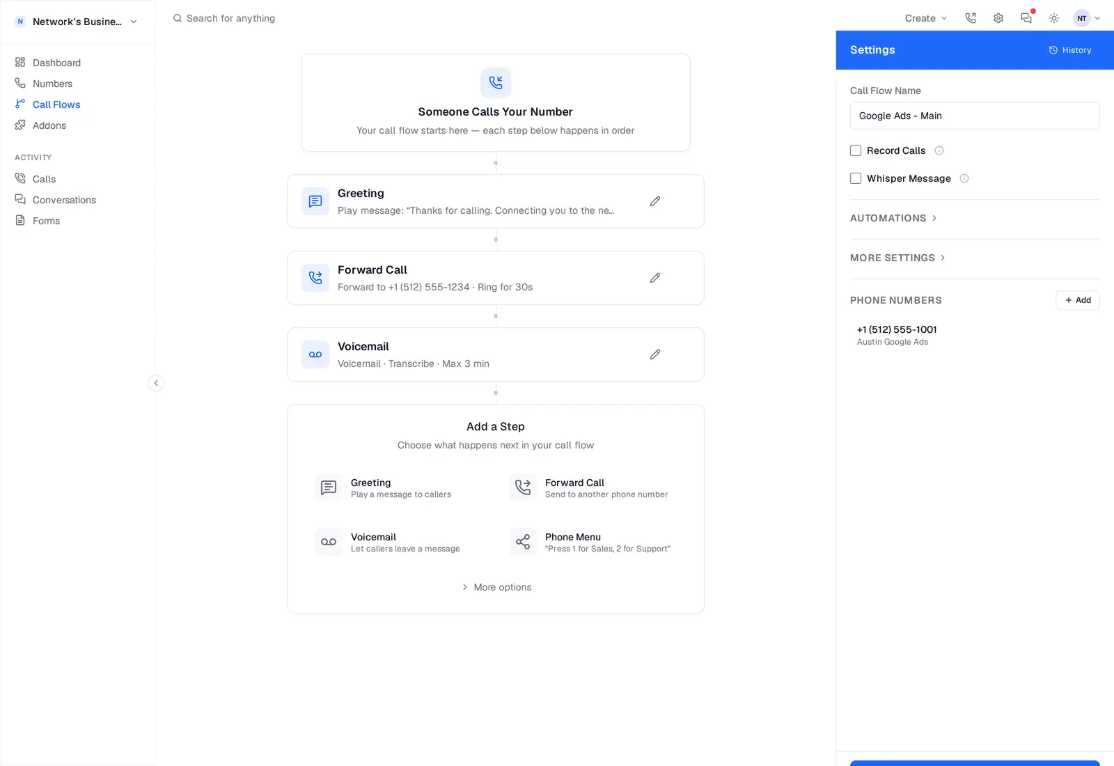 Call flow editor with Greeting, Forward, and Voicemail steps wired to a ported tracking number
